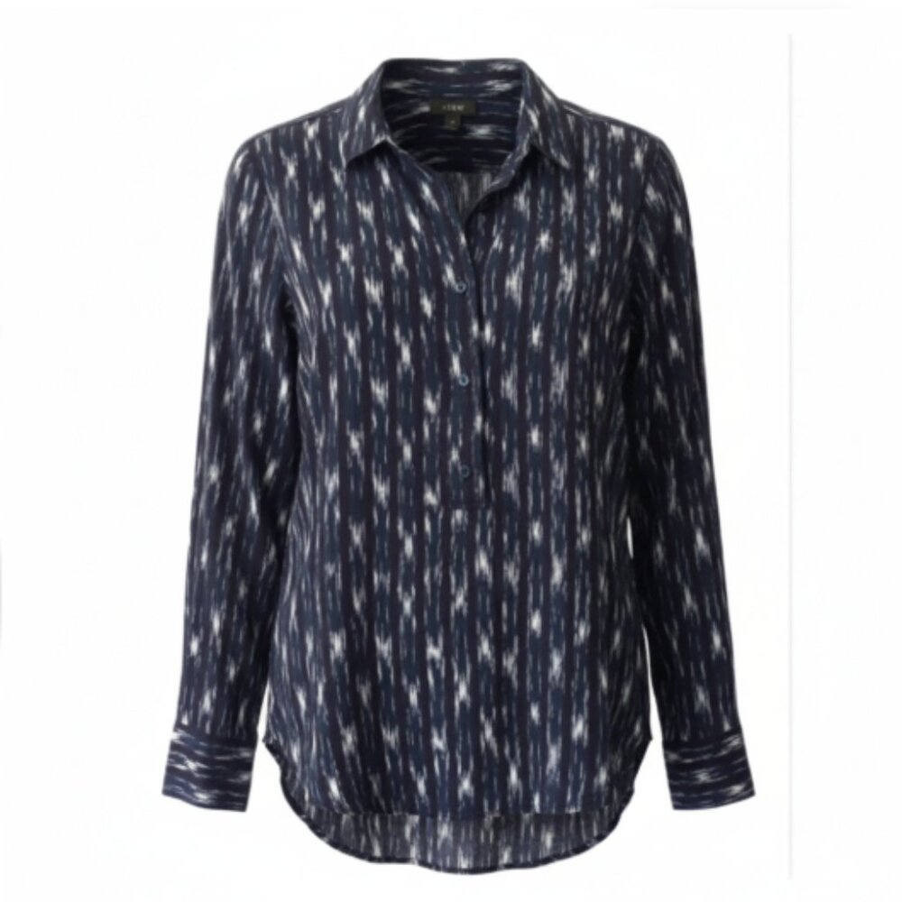J.Crew Women's Shirt Sz 2 Navy Ikat Print Gold Embroidery Side Ribbon Cotton EUC